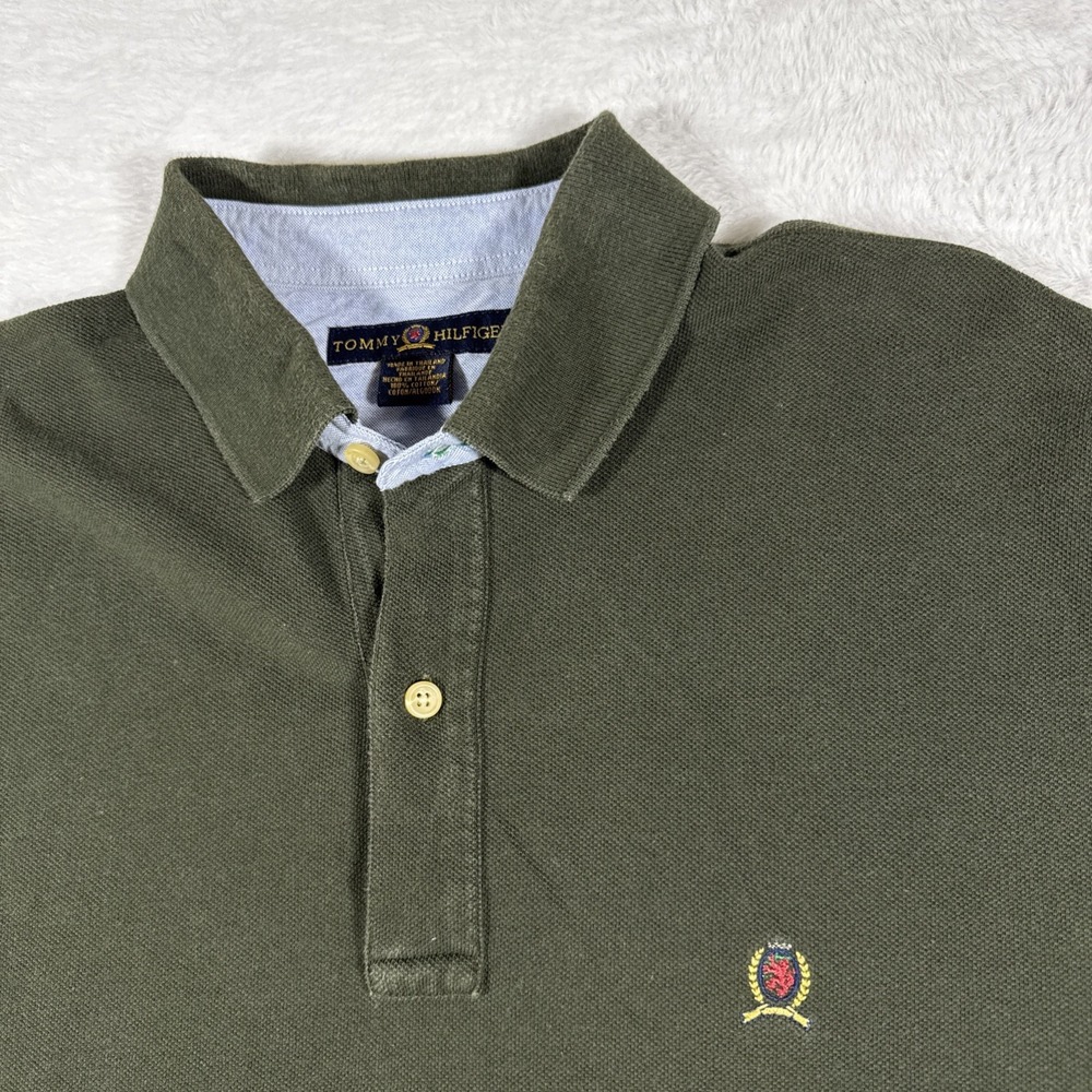 Tommy Hilfiger Large Green Long Sleeve Polo 100% Cotton Embroidered Crest
